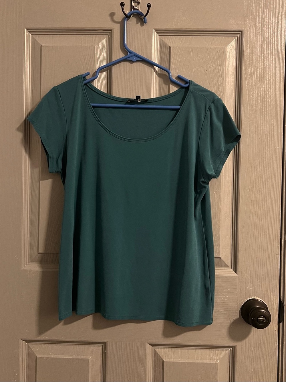 Eileen Fisher Teal Scoop Neck Short Sleeve Silk Top Lagenlook Minimalist Staple